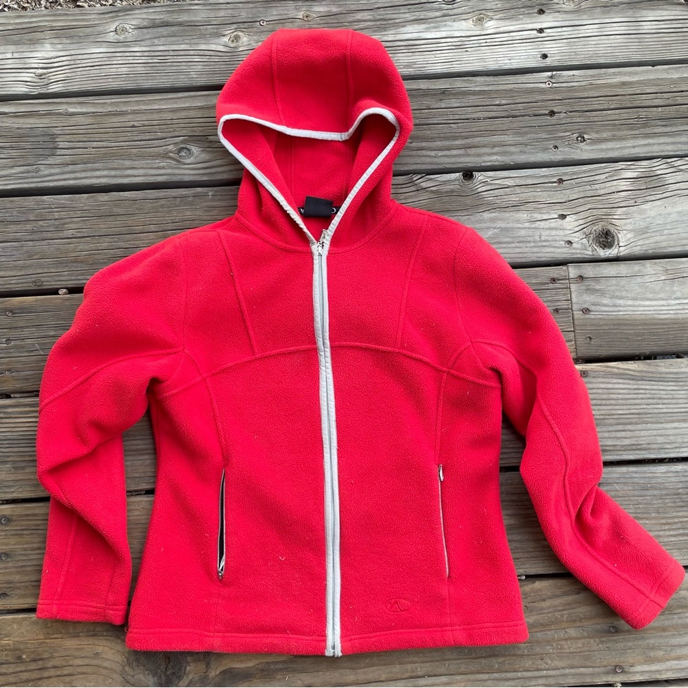 Marker red fleece hooded zipper jacket women’s size M with pockets